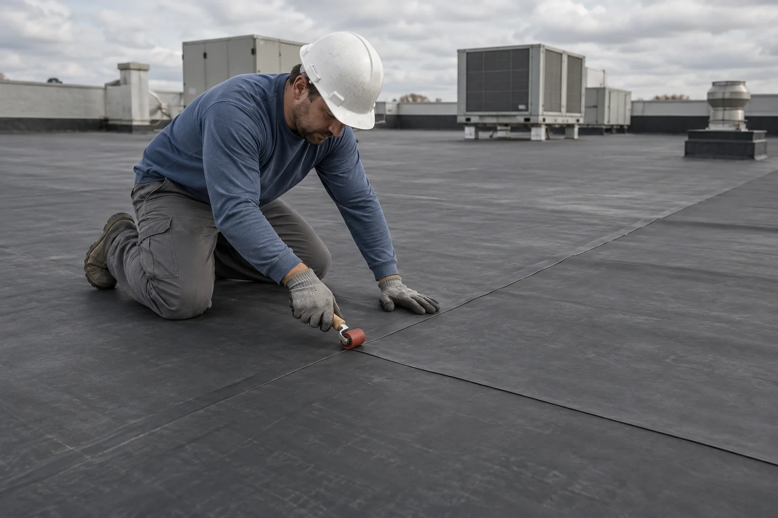 Roofer rolling a seam on a dark rubber commercial roof.