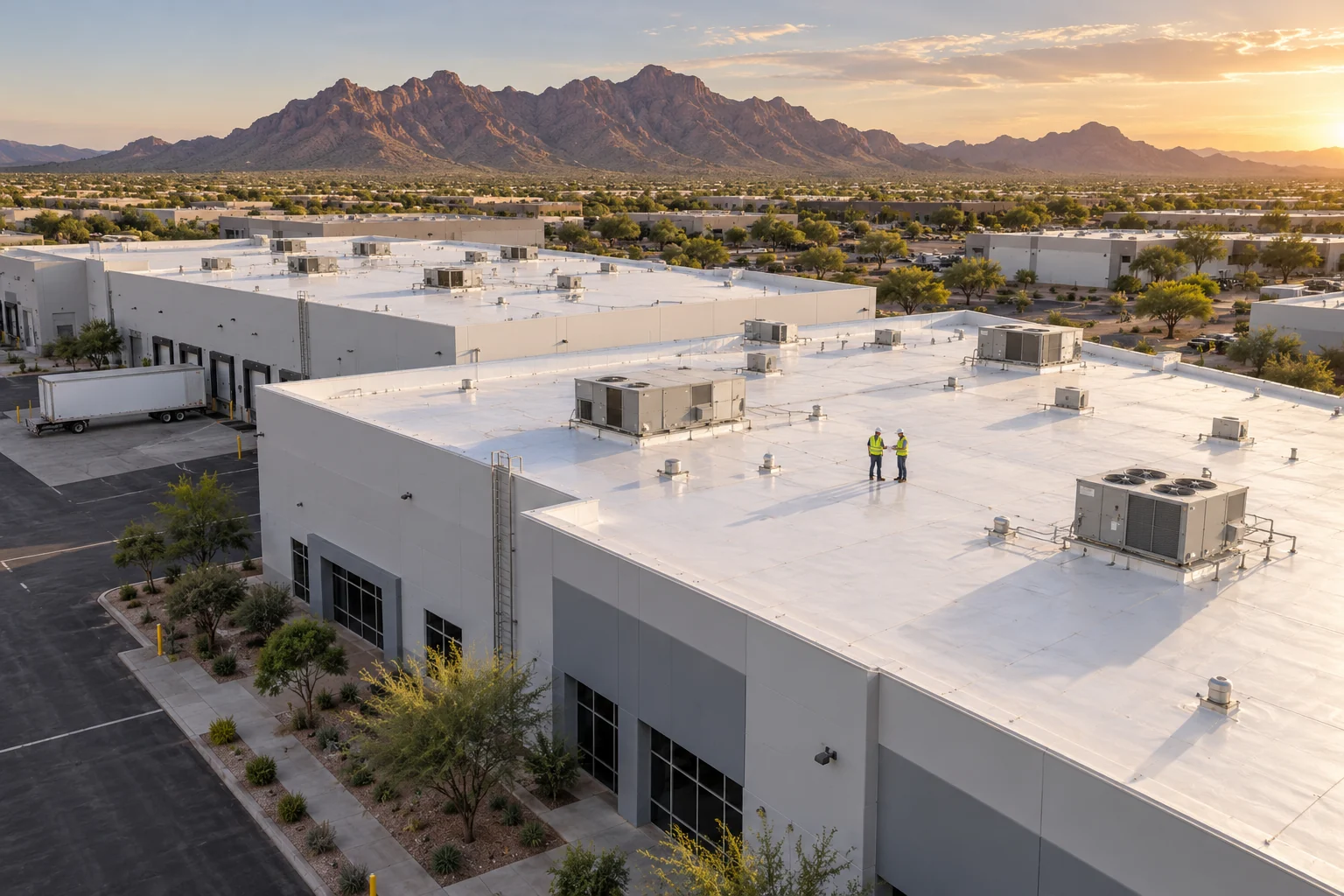 Aerial view of commercial buildings and two roof inspectors