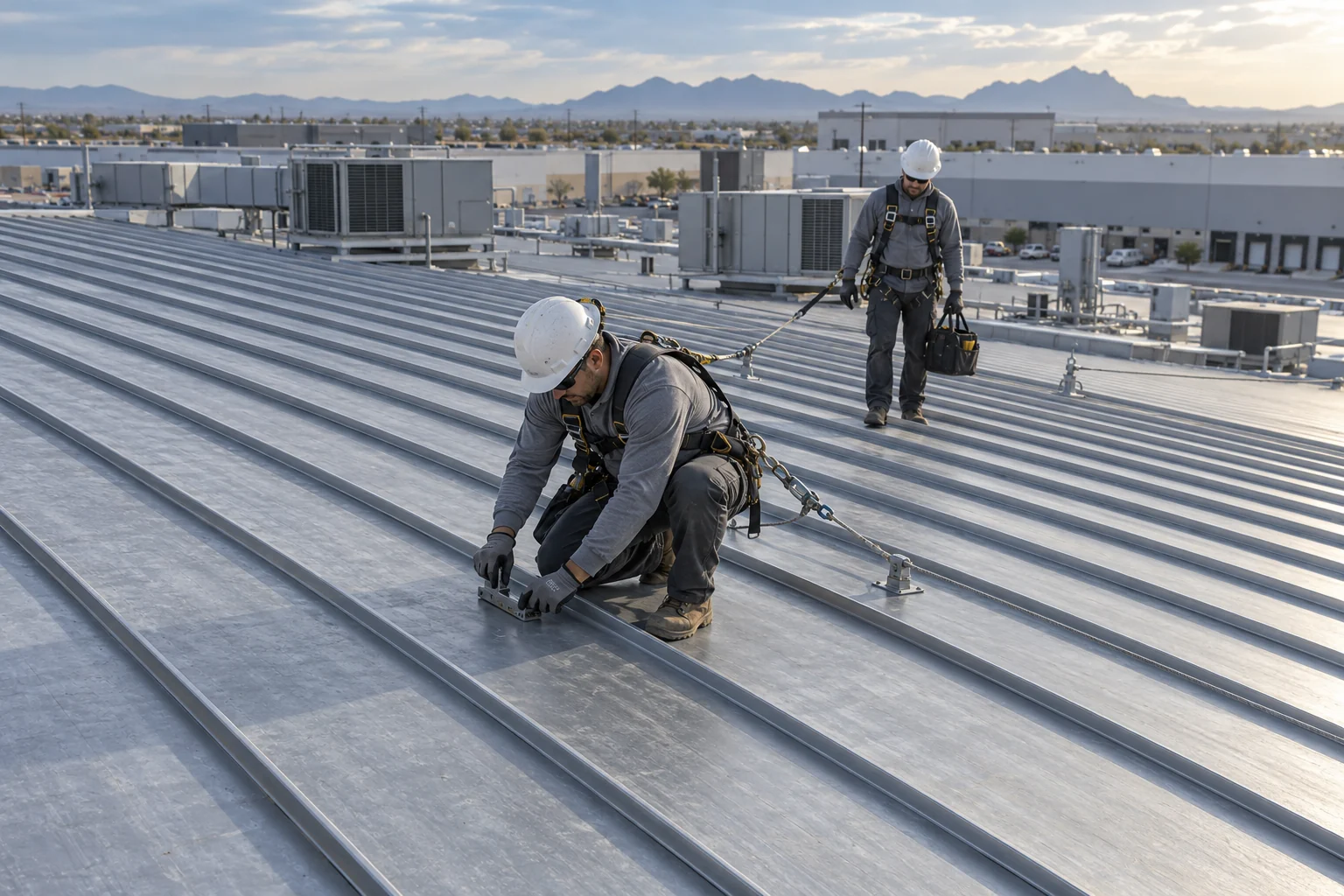 Two roofers inspecting standing seams on a large commercial metal roof.