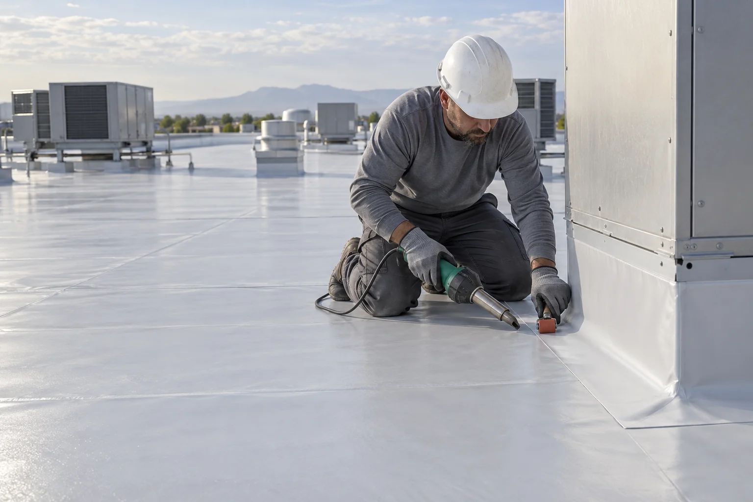 Roofer working on membrane flashing at a commercial rooftop equipment curb.
