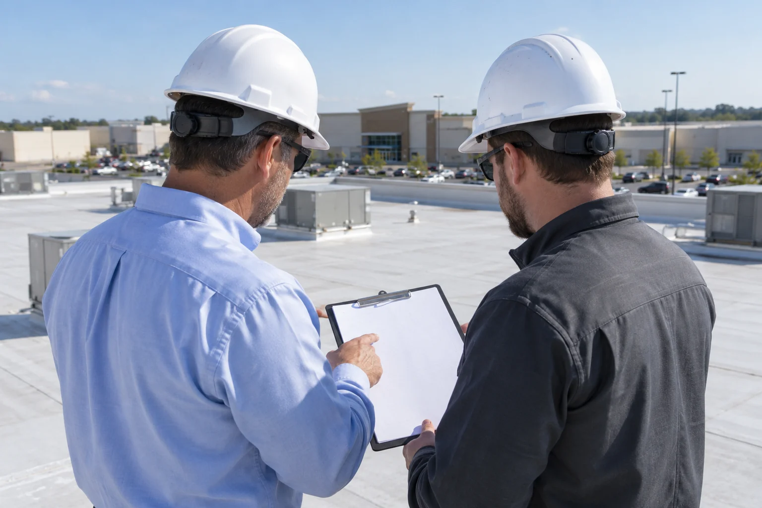 Building professionals reviewing a plan on a commercial roof