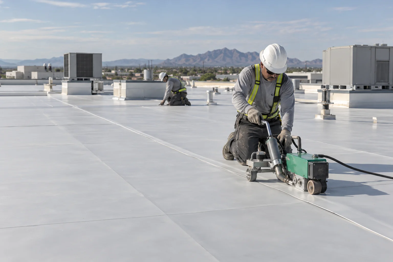 Roofer guiding a seam-welding machine across a pale commercial roof membrane.